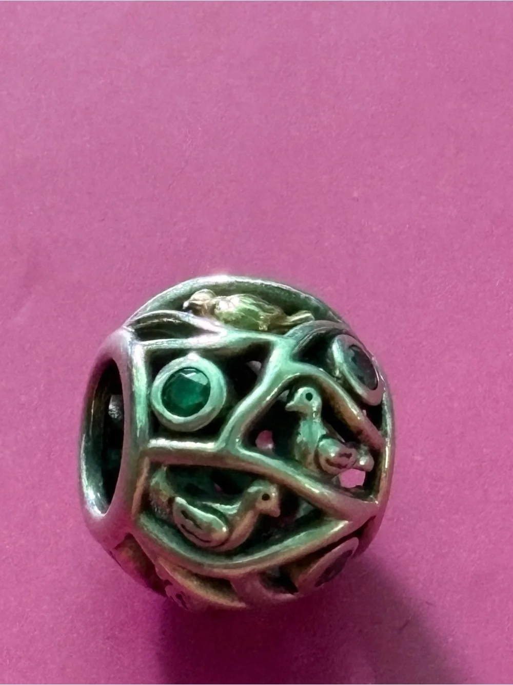 Pandora two tone Bird Charm with Green Stones RETIRED